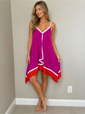 TCEC Magenta and Red Handkerchief Hem Slip Dress with White Trim Sz Sm